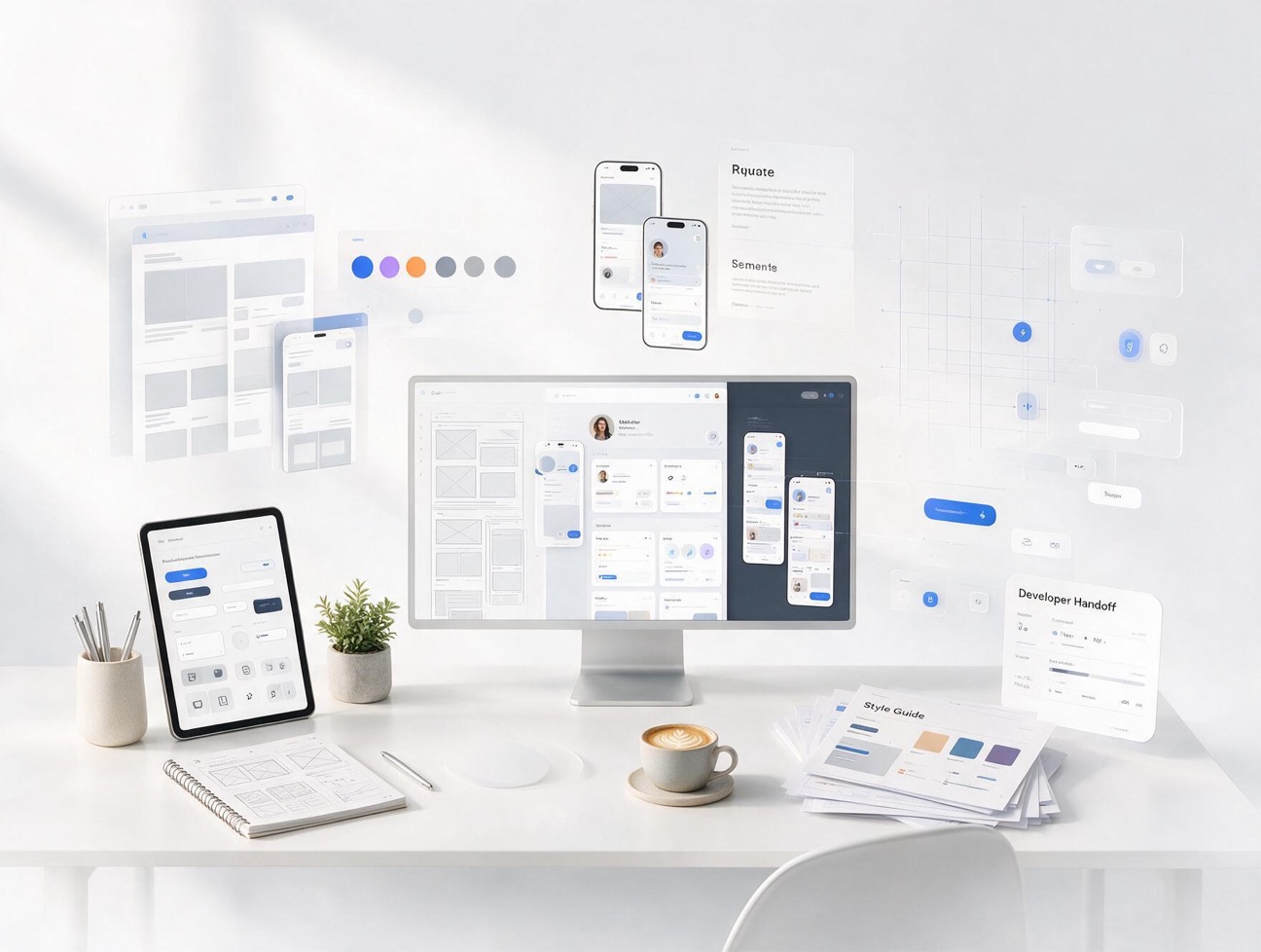 Design deliverables shown across desktop, tablet and mobile screens