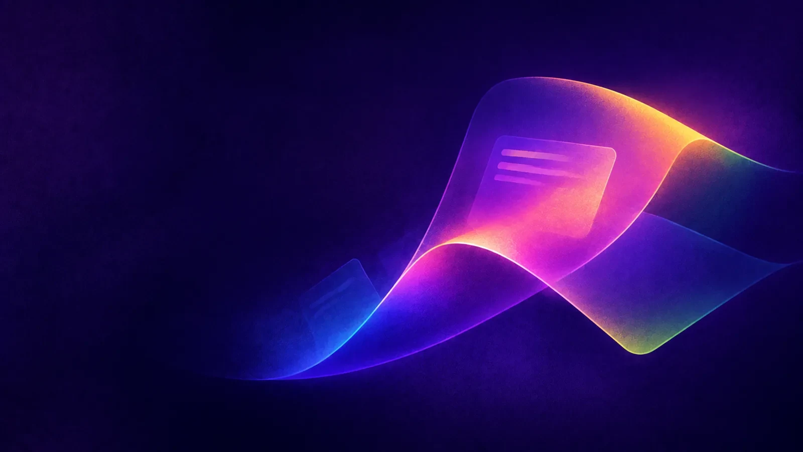 A flowing ribbon of colour with two translucent card shapes floating on it, on a dark background