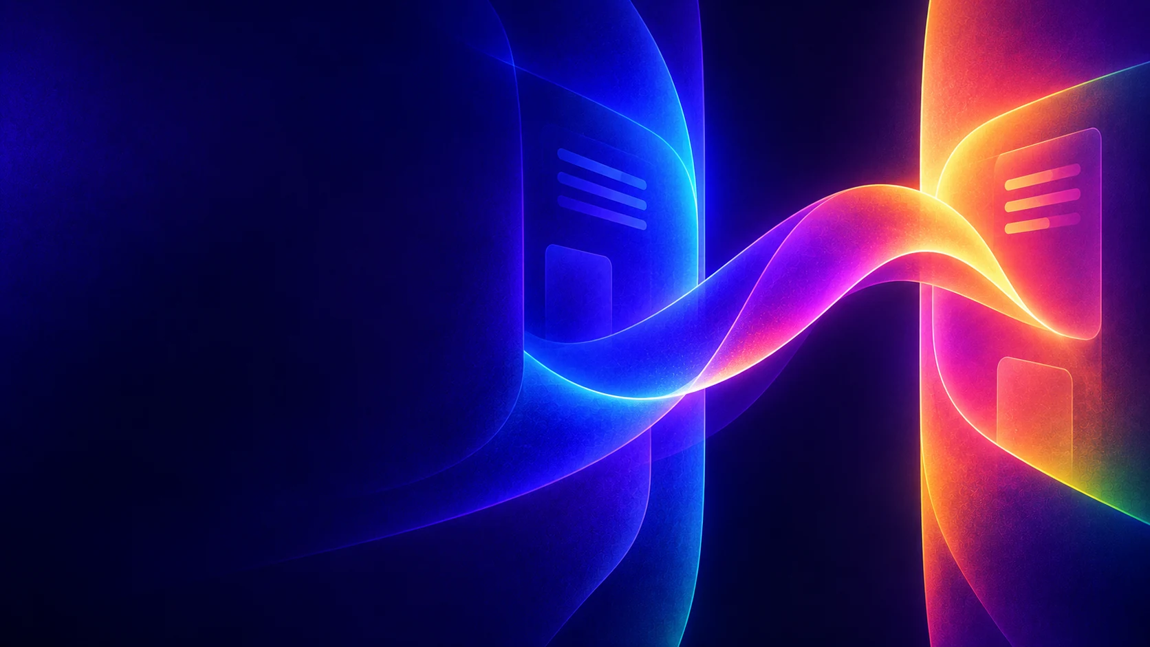 Abstract ribbon of blue, magenta and orange light curving between two dark document panels
