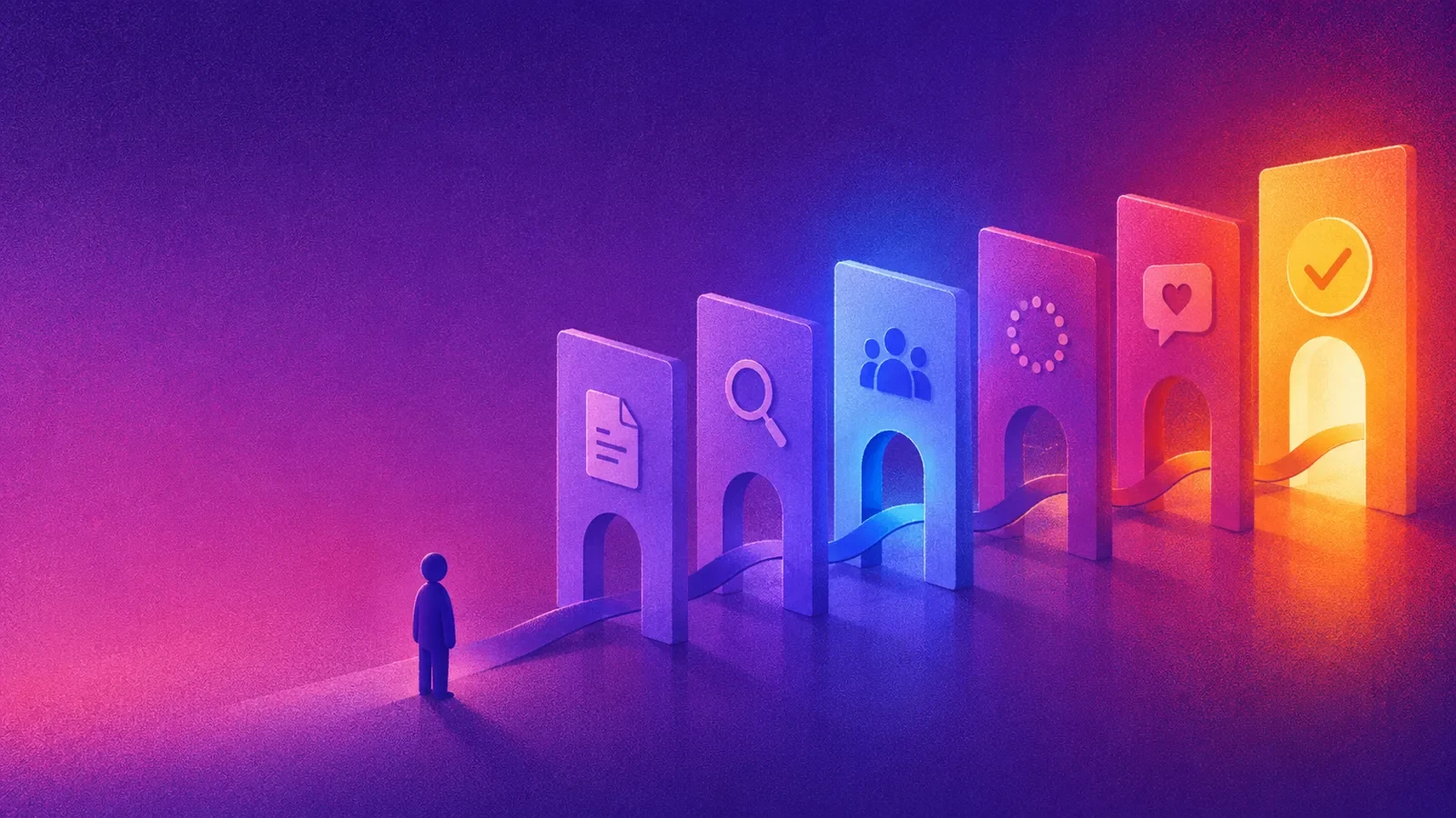 Person facing a row of glowing archways with document, search, people, ring, heart, and check icons